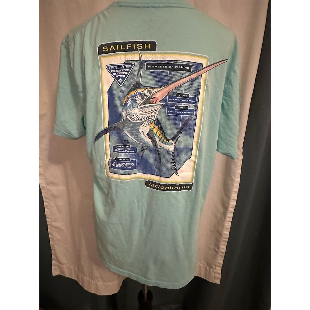 Columbia PFG Men's L Aqua Blue Sailfish Graphic T-Shirt Short Sleeve